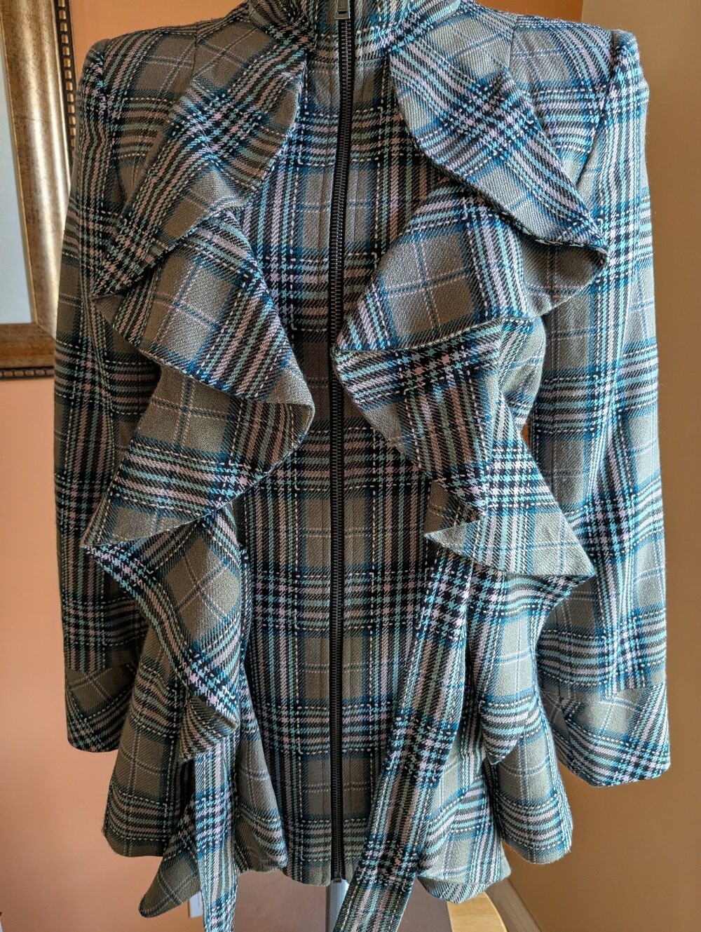 Plaid Ruffle Belted Trench Coat - Blue/Gray - Picture 4 of 11